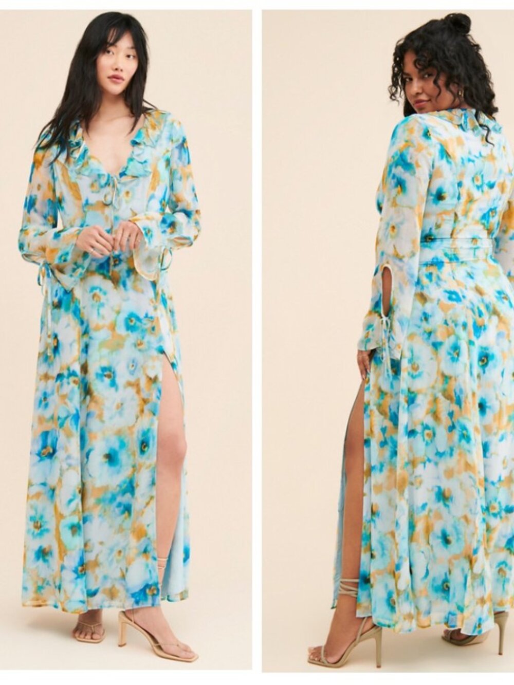Rays for Days Floral Chiffon Maxi Dress Blue Yellow Watercolor Boho Flawless L